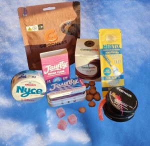 gingerbread cabin bundle includes iamgoodness milk chocolate buttons, off hours live resin rope, unflavored hiistix cannatela, Jaunty sugarplum Live Rosin gummies, NYCE Pink Lemonade Live Rosin Gummies and a branded smock from NYCE!