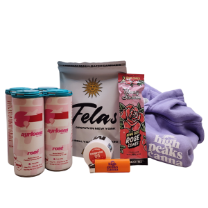 High Holidaze Bundle 4 pack of Ayrloom Rosé, Fela’s 6 pack, 3.5g of Champagne OG, Blaze Susan Rose Blunt 2 pk. HPC Lilac Hoodie, and an HPC Lighter