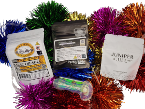 Stocking stuff bundle includes 3 grams of flower and 1 hand blown glass pipe from Blob Dylan